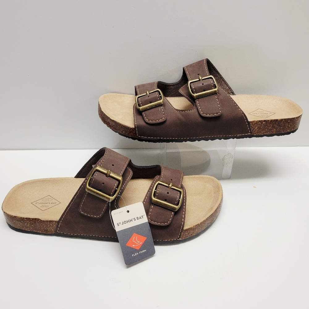ST John's Bay Sandals Men's  Brown Footbed Slip on Flat Color brown Size 10 NWT - Picture 2 of 8